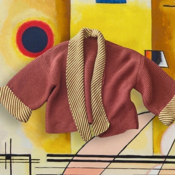 chunky Cardigan Handmade knit brick/mustard bell sleeves cozy shawl collar sz L - Picture 9 of 10